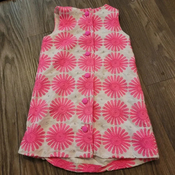 Milly Minis Girls Dress Size 4 Pink Floral Bling Buttons Barbiecore Sleeveless - Picture 2 of 5